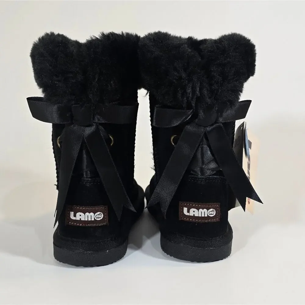 AS Lamo Audrey Short Boots NWT Size 11 Toddler Girl Black Snow Winter Ribbon Bow - Picture 3 of 7